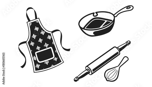 A black and white illustration of cooking utensils and an apron item