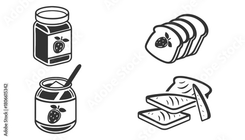 Illustration of strawberry jam jars and bread slices on white background