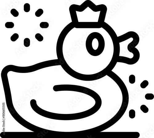 Cartoon crowned rubber duck floating on water, celebrating and sparkling