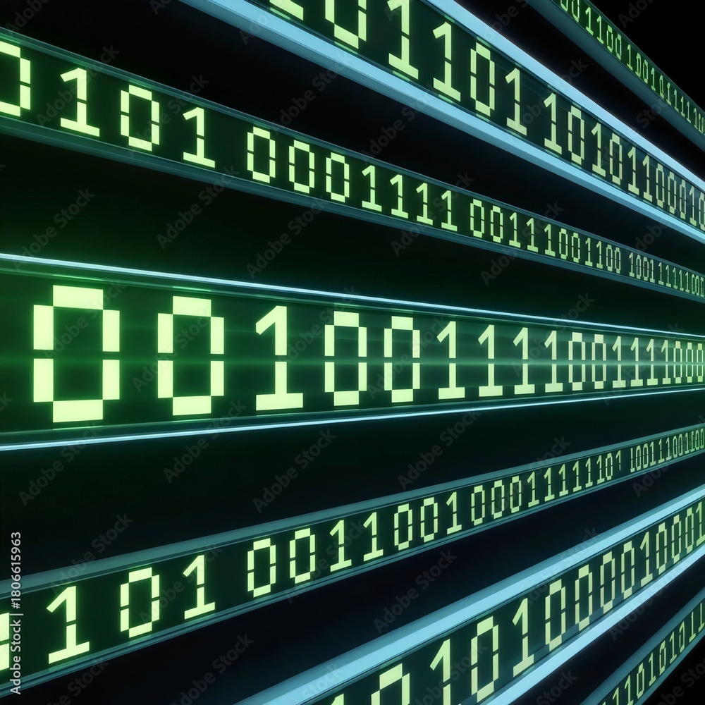 Obraz premium Scrolling stock ticker showing luminous binary code on dark screen