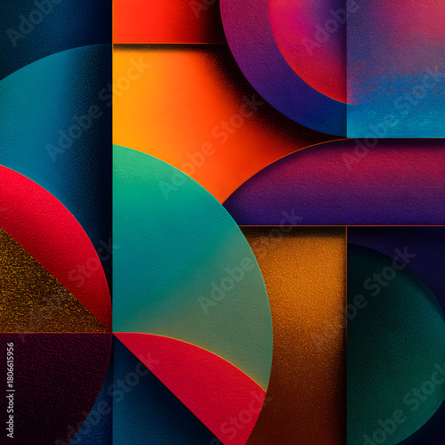 A vibrant geometric composition featuring overlapping shapes in a spectrum of colors, creating a visually dynamic and modern abstract design with depth