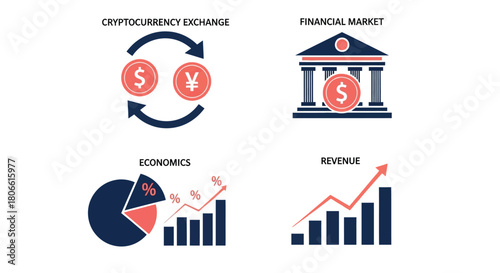 Vector illustration of financial market icons cryptocurrency exchange, bank, economics, revenue