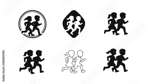 Six variations of running children logo designs in monochrome style