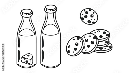 Line art of milk bottles and chocolate chip cookies on white background