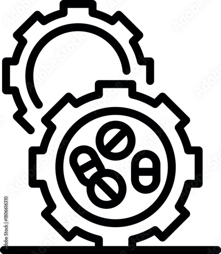 Interlocking gears producing pills and drugs, symbolizing the pharmaceutical industry and automated drug manufacturing process