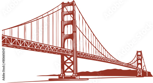 Detailed red Gate Bridge landmark, isolated San Francisco vector illustration.