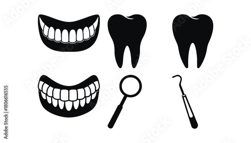 Black and white dental icons including teeth and dental equipment