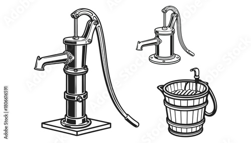 Illustration of three water pumps and a bucket on a white background