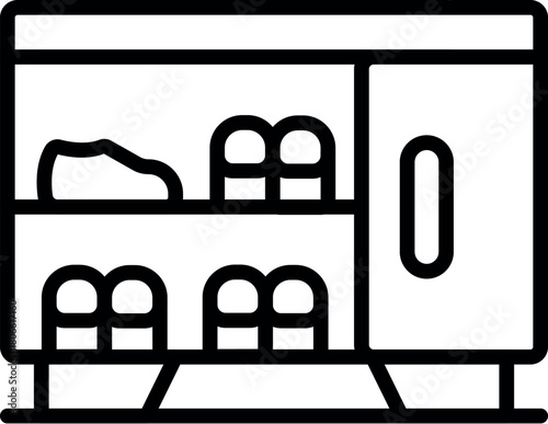 Simple line icon representing a shoe storage cabinet, displaying various footwear and shoe care essentials, ideal for organizing and protecting shoes