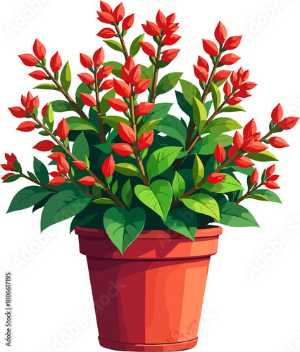 A decorative green plant in a terracotta pot featuring multiple red flower buds, designed with a vibrant botanical style perfect for holiday themes, winter garden illustrations, festive decoration con