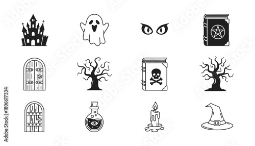 Collection of halloween themed icons including ghost and haunted house