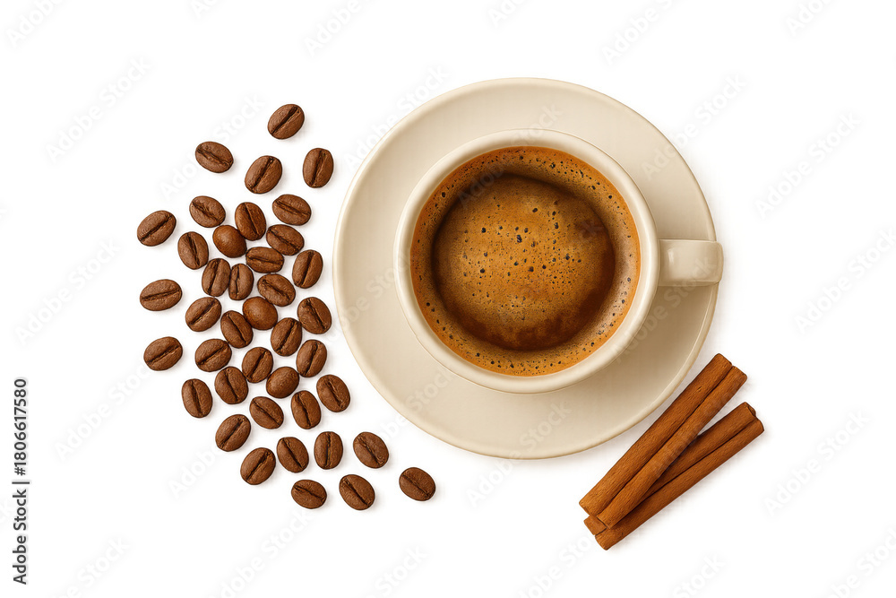 Fototapeta premium Fresh espresso coffee cup with crema, scattered roasted beans, and cinnamon sticks, transparent background, top view