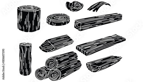 Various wood pieces logs and planks in black and white illustration