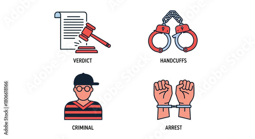 Vector illustration of law and justice icons verdict, handcuffs, criminal, arrest