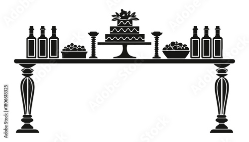 A black and white illustration of a table with cake and wine bottles