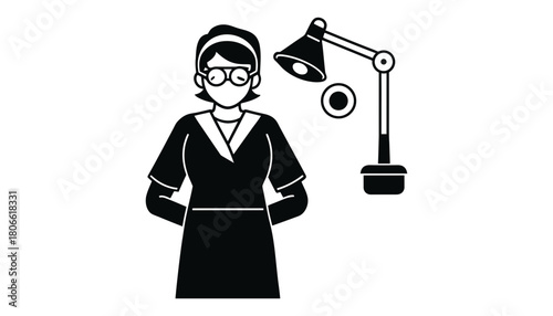 Illustration of a woman with glasses and a lamp on a white background