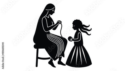 Silhouette of woman knitting while child holds ball of yarn nearby