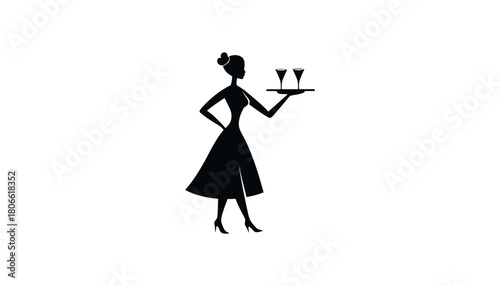 Silhouette of woman serving drinks on tray in elegant black dress