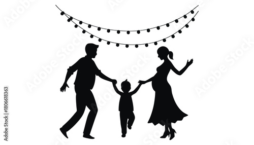 Silhouette of happy family with pregnant woman under string lights
