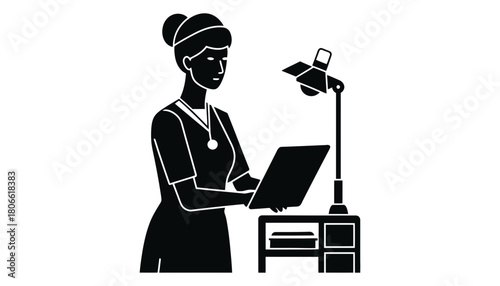 Nurse with laptop and lamp in black and white minimalist illustration