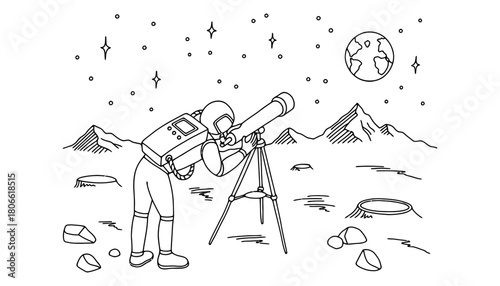 Astronaut looking through telescope on moon surface line art graphic