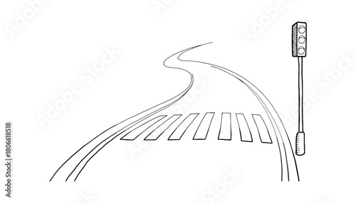 Line drawing of road with crosswalk and traffic light on white background