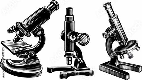 Three detailed microscope illustrations for scientific research and educational materials
