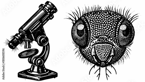 Detailed fly head under microscope, study insect anatomy, science research exploration, vector illustration