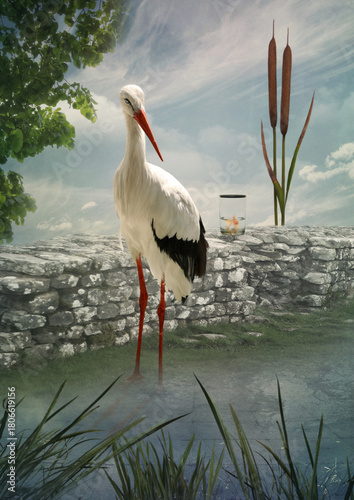 A crane bird standing in water in a sedge and looking at a goldfish swimming in a glass cup. Digital art.