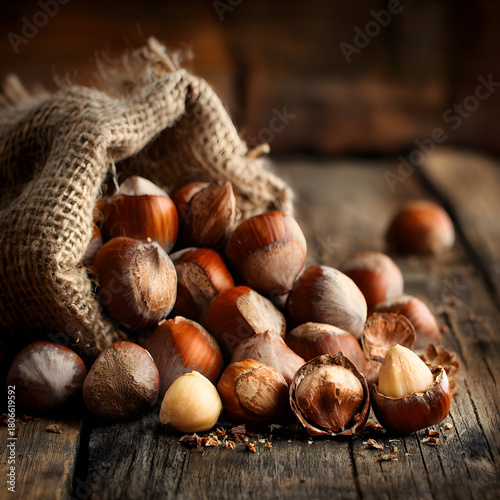 A rustic burlap sack overflowing with fresh hazelnuts on a weathered wooden table, illuminated by soft, natural light, creating a warm and inviting scene