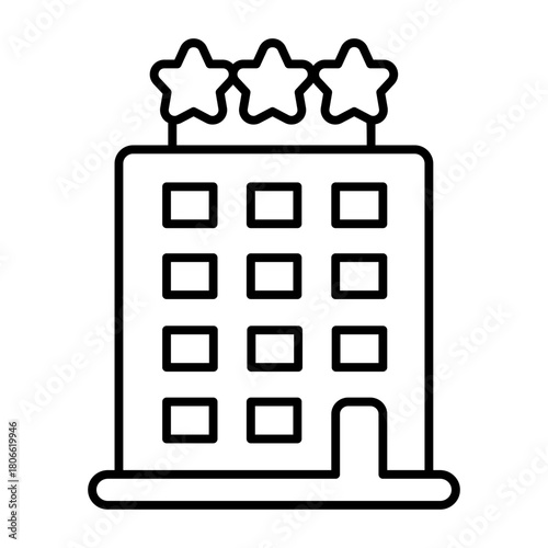 Three star hotel thin line icon, traveler survey concept. Vector graphics. Low cost hotel, building sign on white background, style icon mobile or web design.