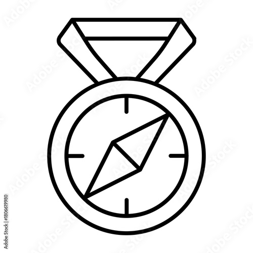 Compass with ribbon tape thin line icon, traveler survey concept. Vector graphics. Unknown location navigator, navigation sign on white background, style icon mobile or web design.
