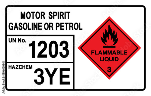 Motor Spirit Gasoline Or Petrol UN 1203 Symbol Sign, Vector Illustration, Isolate On White Background, Label.EPS10