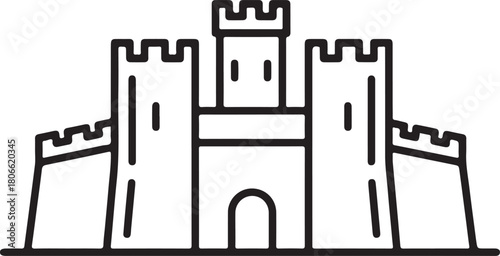 Stronghold medieval castle with battlements and central tower structure simple outline vector illustration