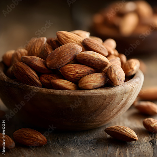 A wooden bowl filled with almonds, showcasing their natural brown color and texture, placed on a rustic wooden surface with another bowl in the background