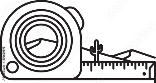 Tape measure icon illustrating desert landscape with cactus and mountains used as measuring tool for construction or craft projects