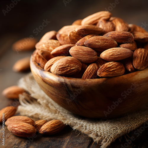 A wooden bowl overflowing with roasted almonds sits atop a burlap cloth, showcasing their rich brown color and textured surface against a dark wooden backdrop