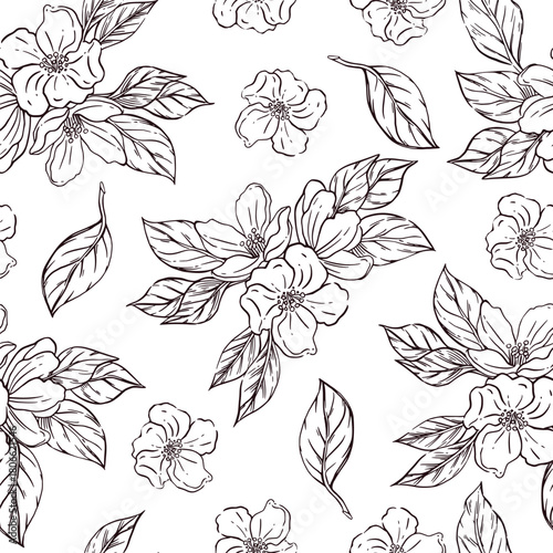 Vector seamless pattern of apple and plum blossoms, leaves, all objects hand-drawn with ink and translated into vector. Illustration is perfect for printing on paper and fabric, for design.