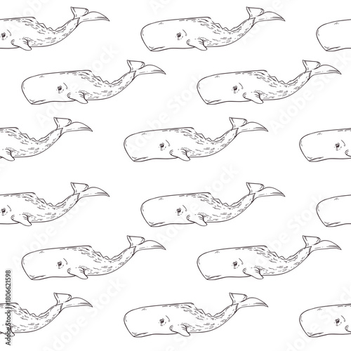 Vector seamless pattern from sperm whale drawing, all objects are hand-drawn in ink and translated into vector. Vector pattern is perfect for printing on children's textiles, paper, wallpaper.