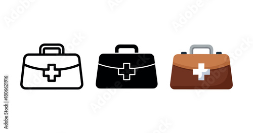 Vector icons of medical bags with cross symbols in different styles on white background