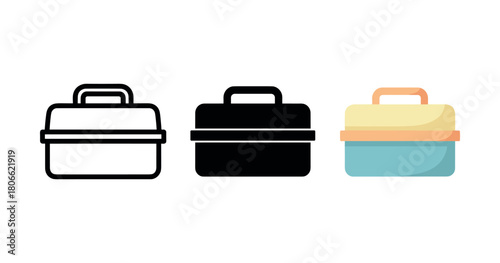 Set of three toolbox icons: line, solid, and flat color style