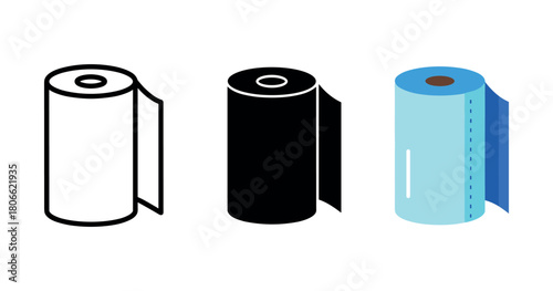 Three kitchen paper towel roll icons in black, white, and blue