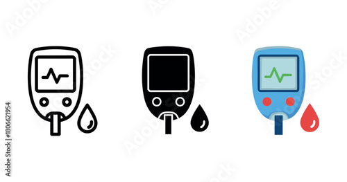 Blood glucose meter icon set with test strips and blood drop symbols