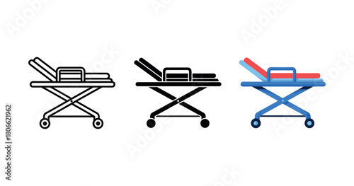 Medical stretcher icon set: outline, solid, and colored designs on white background