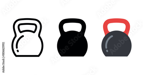 Set of three kettlebell icons in outline, solid, and colorful styles on white background