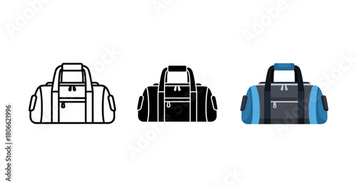 Set of three duffel bags in outline, silhouette, and color design on white background