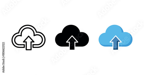 Three cloud upload icons: outline, solid, and color variations