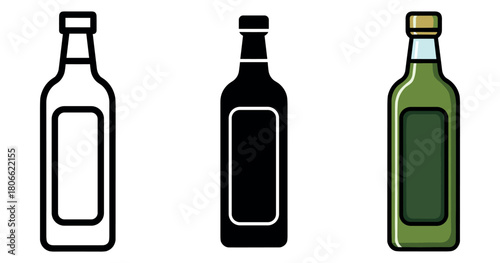 Outline, silhouette, and colored olive oil bottle on white background