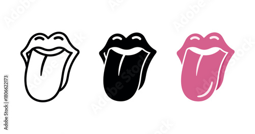 Black, white, and pink tongue-out lips icons in a row on white background