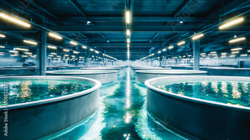 Indoor aquaculture farm with rows of circular tanks filled with water under bright industrial lights